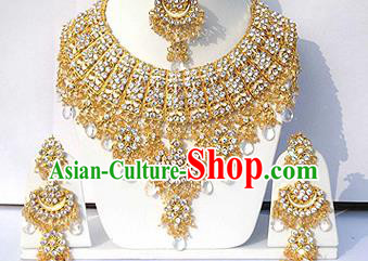 Traditional Indian Wedding Accessories Bollywood Princess White Beads Necklace Earrings and Hair Clasp for Women