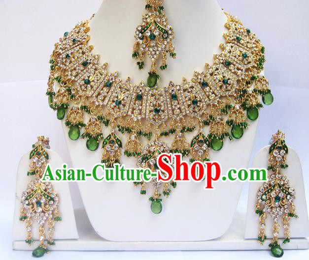 Traditional Indian Wedding Green Beads Accessories Bollywood Princess Necklace Earrings and Hair Clasp for Women