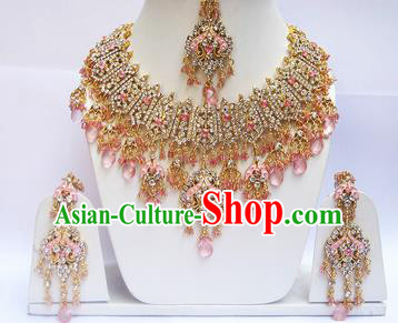 Traditional Indian Wedding Pink Beads Accessories Bollywood Princess Necklace Earrings and Hair Clasp for Women