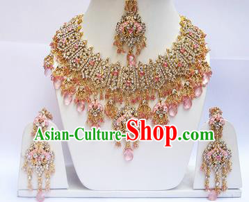 Traditional Indian Wedding Pink Beads Accessories Bollywood Princess Necklace Earrings and Hair Clasp for Women