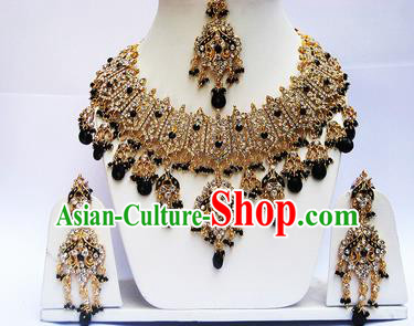 Traditional Indian Wedding Black Beads Accessories Bollywood Princess Necklace Earrings and Hair Clasp for Women