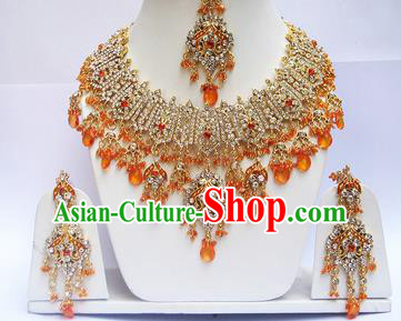 Traditional Indian Wedding Orange Beads Accessories Bollywood Princess Necklace Earrings and Hair Clasp for Women