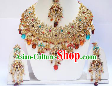 Traditional Indian Wedding Colorful Beads Accessories Bollywood Princess Necklace Earrings and Hair Clasp for Women