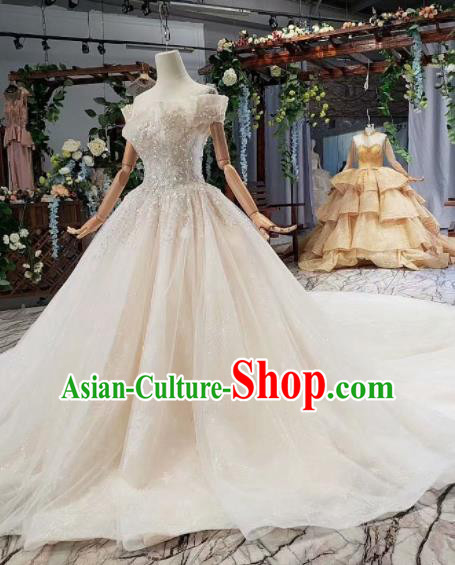 Top Grade Customize Bride Flat Shouders Trailing Full Dress Court Princess Wedding Costume for Women