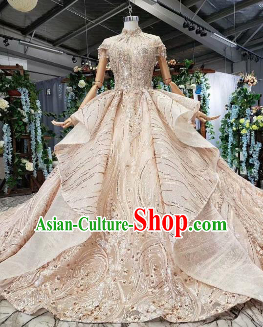 Top Grade Customize Bride Champagne Lace Trailing Full Dress Court Princess Wedding Costume for Women