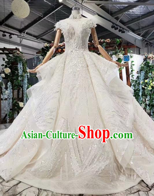 Top Grade Customize Bride White Sequins Trailing Full Dress Court Princess Wedding Costume for Women