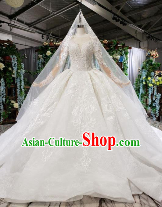 Top Grade Customize Bride White Lace Trailing Full Dress Court Princess Wedding Costume for Women