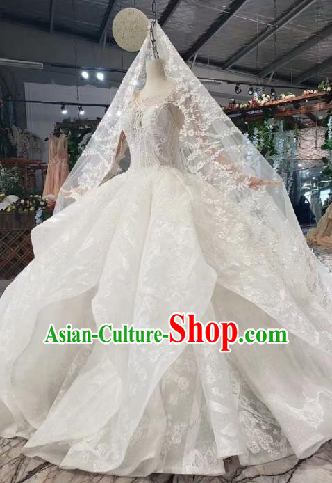 Top Grade Customize Bride Embroidered Beads White Trailing Full Dress Court Princess Wedding Costume for Women