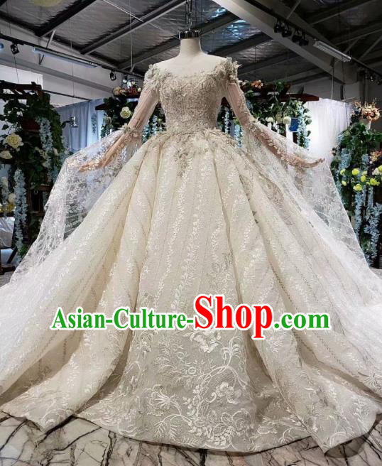 Top Grade Customize Bride Embroidered White Veil Trailing Full Dress Court Princess Wedding Costume for Women