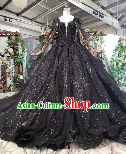 Top Grade Customize Embroidered Black Lace Full Dress Court Princess Waltz Dance Costume for Women