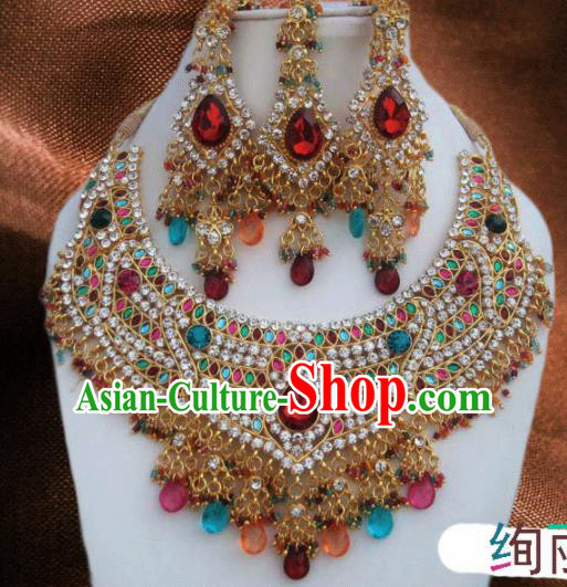 Traditional Indian Wedding Accessories Bollywood Colorful Crystal Necklace Earrings and Hair Clasp for Women