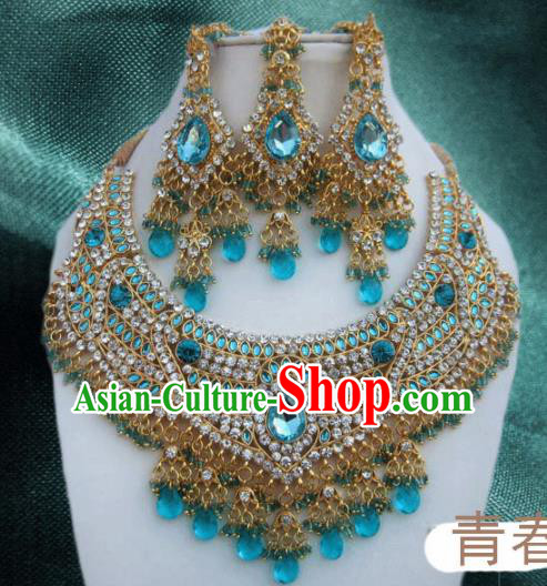 Traditional Indian Wedding Accessories Bollywood Blue Crystal Necklace Earrings and Hair Clasp for Women