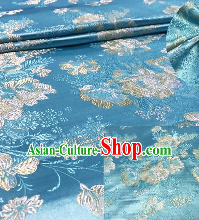 Chinese Traditional Hanfu Silk Fabric Classical Peony Pattern Design Blue Brocade Tang Suit Fabric Material