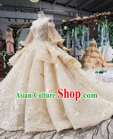 Top Grade Customize Bride Embroidered Beige Veil Trailing Full Dress Court Princess Wedding Costume for Women