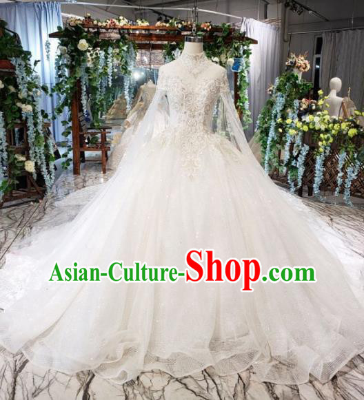 Top Grade Customize Bride Embroidered White Veil Trailing Full Dress Court Princess Wedding Costume for Women