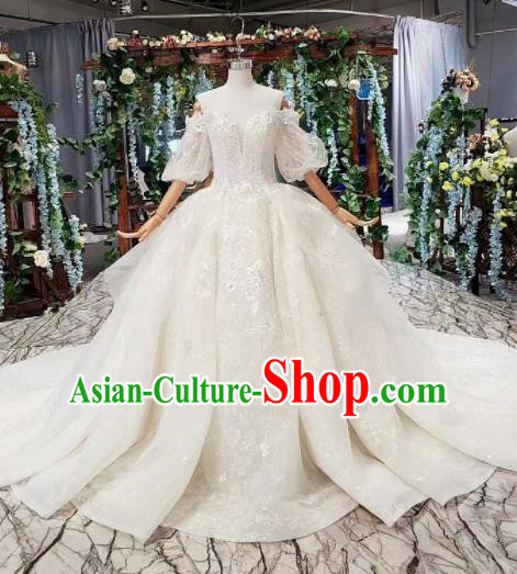 Top Grade Customize Bride Embroidered Off Shoulder White Veil Trailing Full Dress Court Princess Wedding Costume for Women