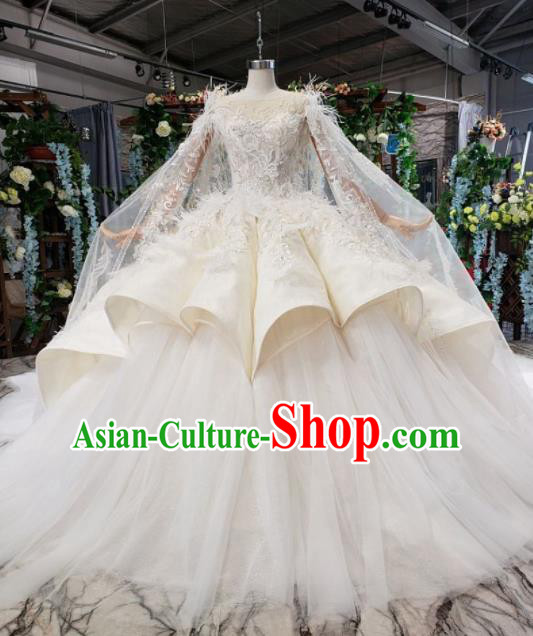 Top Grade Customize Bride Embroidered White Feather Trailing Full Dress Court Princess Wedding Costume for Women