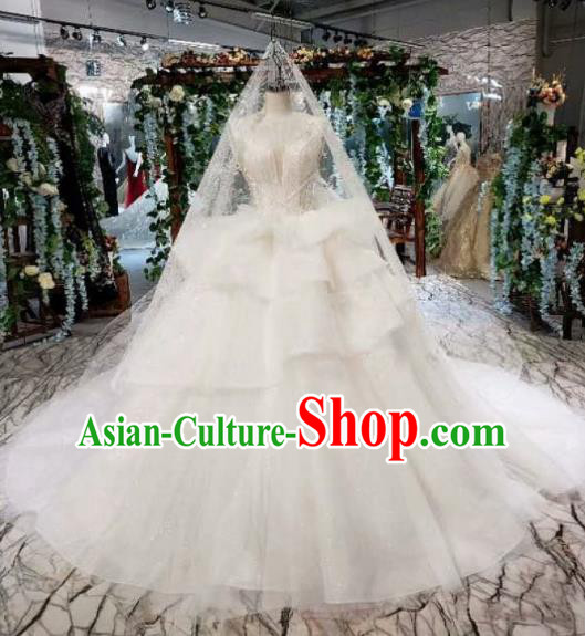 Top Grade Customize Bride White Veil Trailing Full Dress Court Princess Wedding Costume for Women