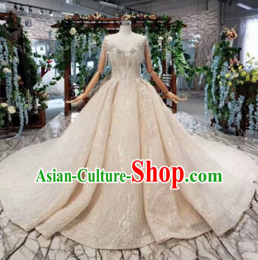 Handmade Customize Bride Champagne Veil Trailing Full Dress Court Princess Wedding Costume for Women