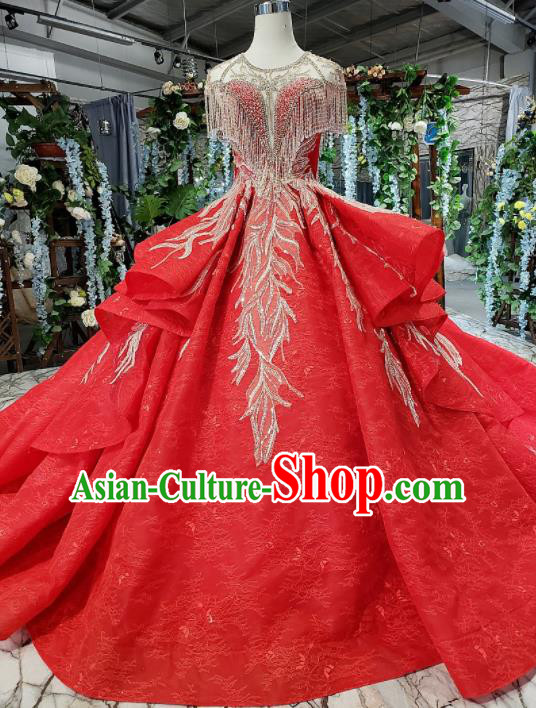 Top Grade Customize Embroidered Red Trailing Full Dress Court Princess Waltz Dance Costume for Women