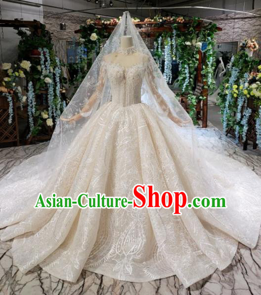 Handmade Customize Bride Embroidered Beads Trailing Full Dress Court Princess Wedding Costume for Women