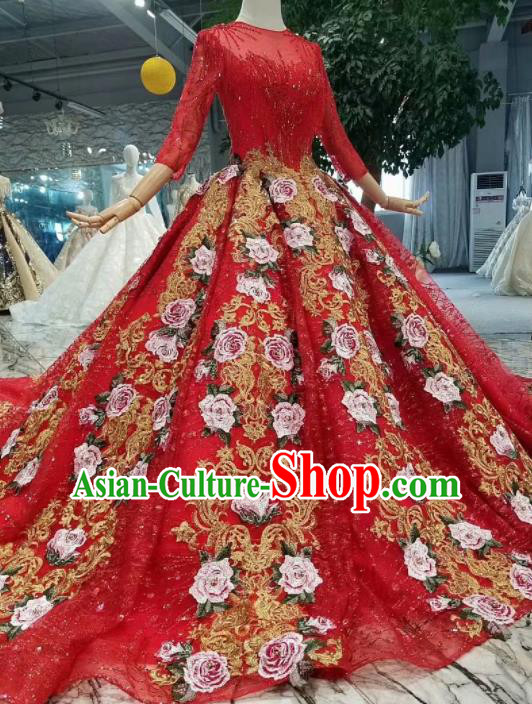 Chinese Customize Court Embroidered Roses Red Veil Trailing Wedding Dress Top Grade Bride Costume for Women