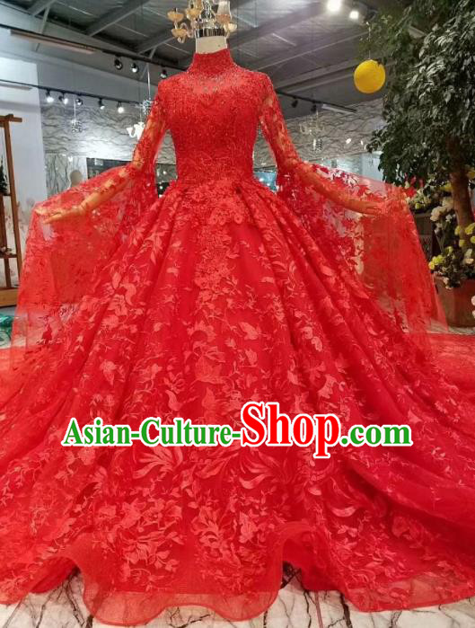 Chinese Customize Court Embroidered Red Lace Trailing Wedding Dress Top Grade Bride Costume for Women