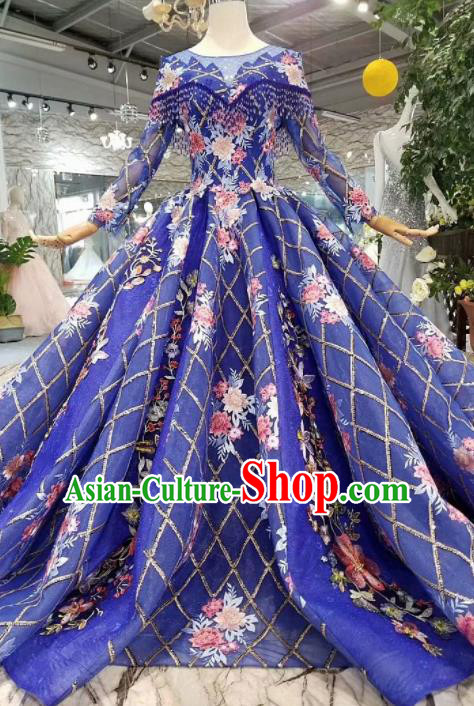 Top Grade Customize Catwalks Royalblue Veil Full Dress Court Princess Waltz Dance Costume for Women