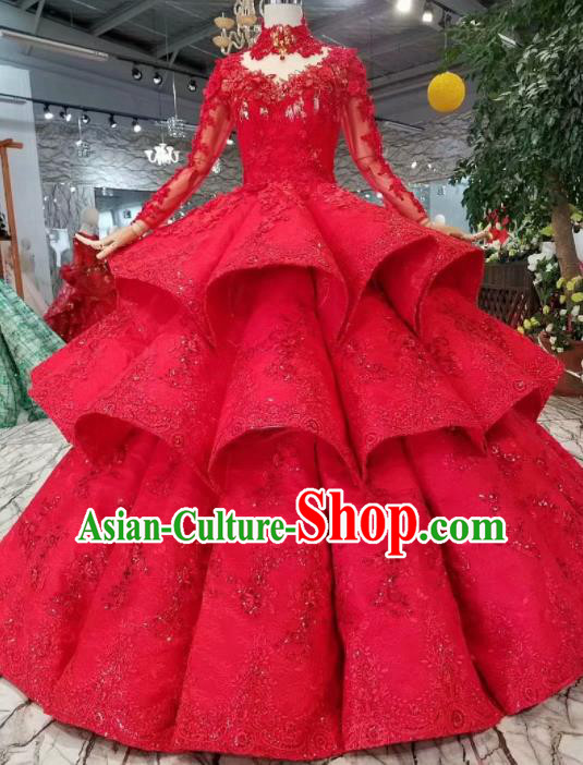 Top Grade Customize Catwalks Red Lace Full Dress Court Princess Waltz Dance Costume for Women