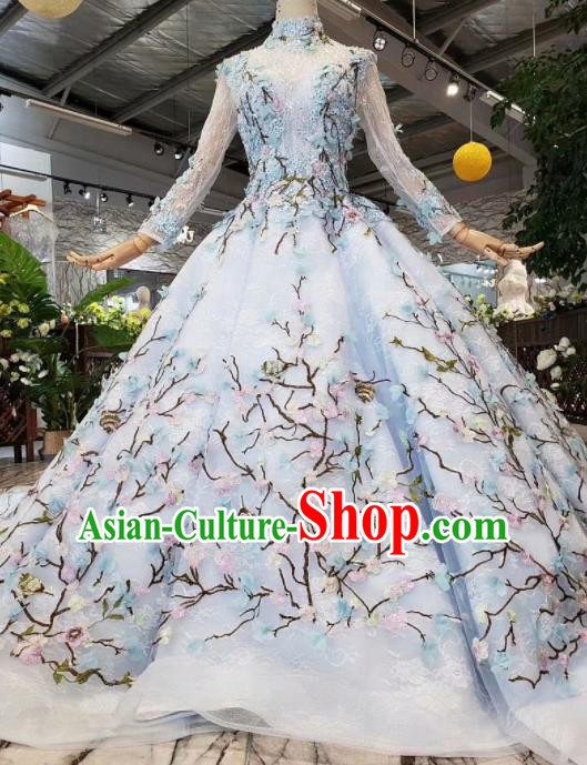 Top Grade Customize Catwalks Embroidered Blue Full Dress Court Princess Waltz Dance Costume for Women