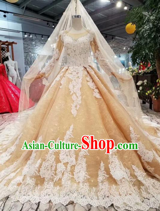 Top Grade Customize Catwalks Embroidered Champagne Full Dress Court Princess Waltz Dance Costume for Women