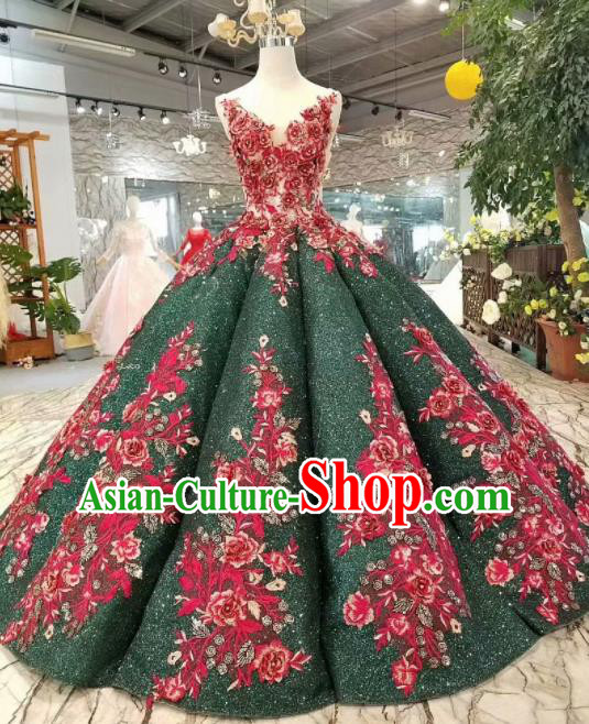 Top Grade Customize Catwalks Embroidered Atrovirens Full Dress Court Princess Waltz Dance Costume for Women