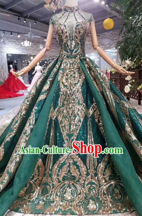 Top Grade Customize Catwalks Embroidered Green Full Dress Court Princess Waltz Dance Costume for Women
