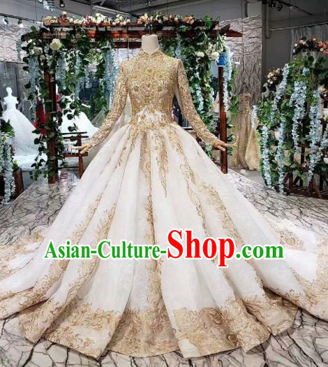 Handmade Customize Embroidered Court Trailing Wedding Dress Princess Bride Costume for Women