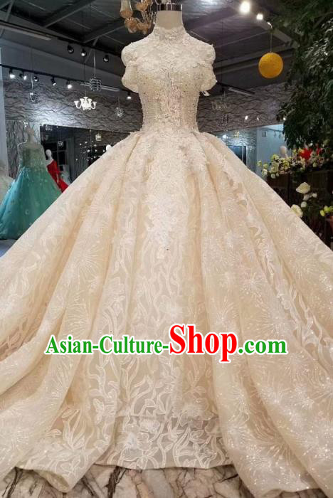 Customize Handmade Princess Champagne Lace Trailing Dress Wedding Court Bride Costume for Women