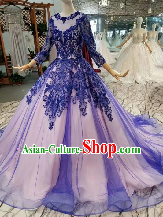 Top Grade Customize Catwalks Royalblue Lace Full Dress Court Princess Waltz Dance Costume for Women