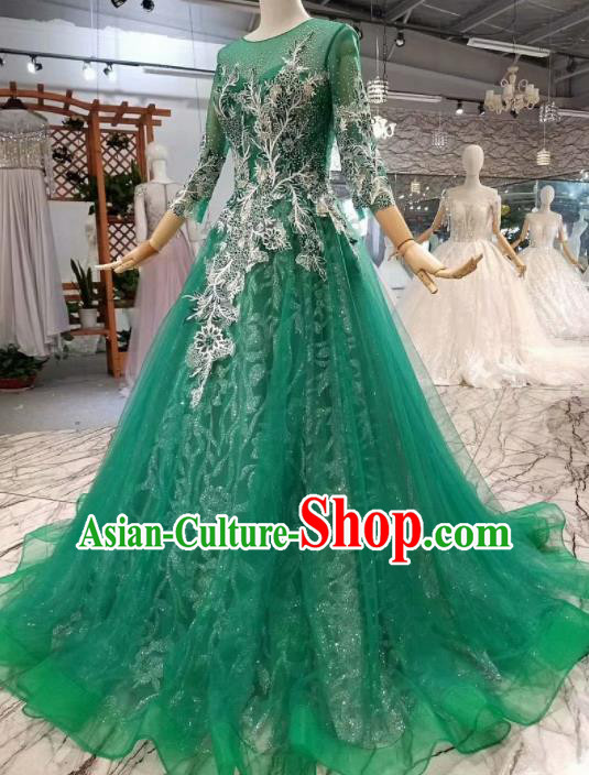 Top Grade Customize Modern Fancywork Green Veil Full Dress Court Princess Waltz Dance Costume for Women