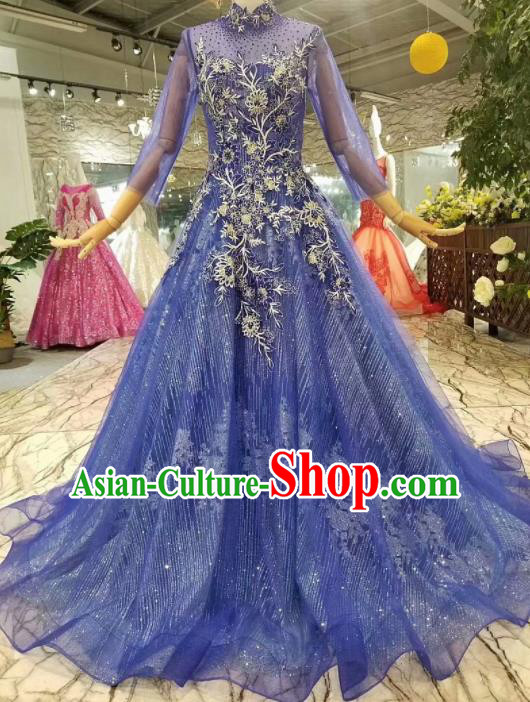 Top Grade Customize Modern Fancywork Blue Veil Full Dress Court Princess Waltz Dance Costume for Women