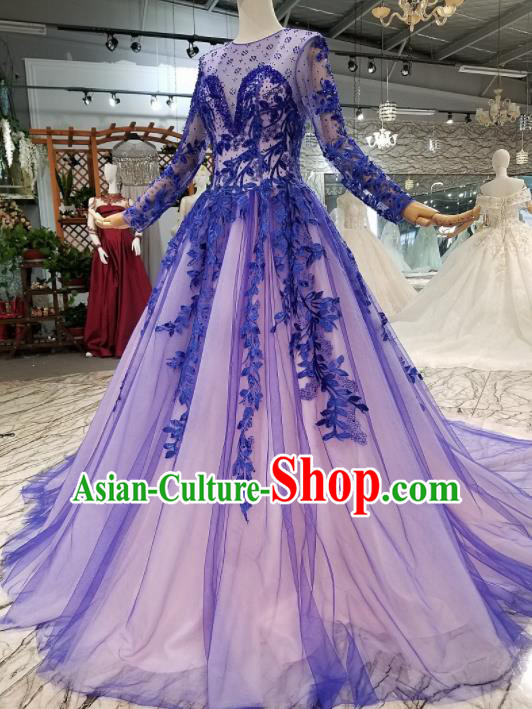 Top Grade Customize Modern Fancywork Deep Blue Veil Full Dress Court Princess Waltz Dance Costume for Women