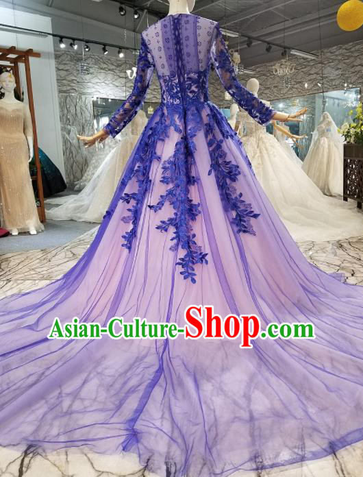 Top Grade Customize Modern Fancywork Deep Blue Veil Full Dress Court Princess Waltz Dance Costume for Women