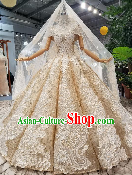 Customize Handmade Princess Embroidered Champagne Veil Trailing Dress Wedding Court Bride Costume for Women