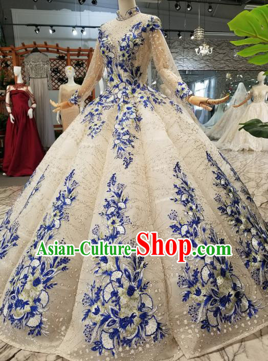 Customize Handmade Princess Embroidered Blue Flowers Trailing Dress Wedding Court Bride Costume for Women