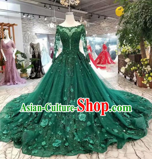 Top Grade Customize Embroidered Green Veil Trailing Full Dress Court Princess Waltz Dance Costume for Women