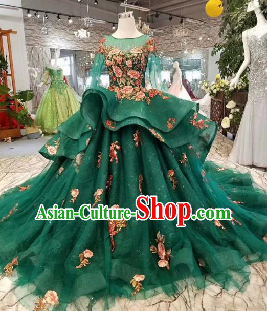 Top Grade Customize Embroidered Peony Green Trailing Full Dress Court Princess Waltz Dance Costume for Women