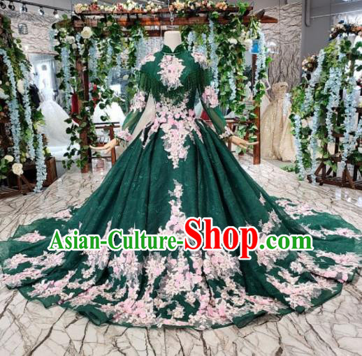 Customize Embroidered Deep Green Veil Trailing Full Dress Top Grade Court Princess Waltz Dance Costume for Women