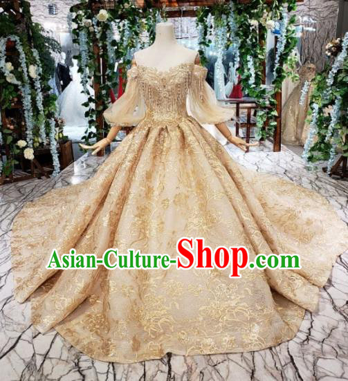 Customize Embroidered Golden Veil Trailing Full Dress Top Grade Court Princess Waltz Dance Costume for Women