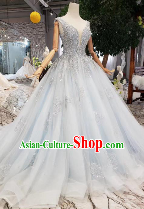 Customize Embroidered Diamante Blue Veil Trailing Full Dress Top Grade Court Princess Waltz Dance Costume for Women