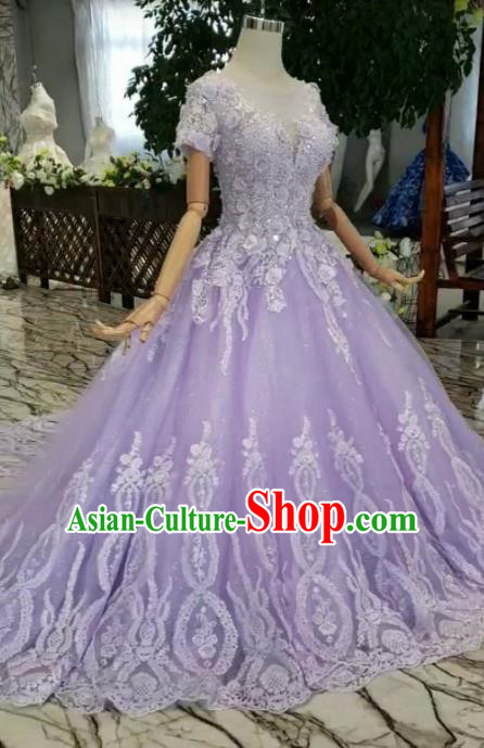 Customize Embroidered Lilac Veil Trailing Full Dress Top Grade Court Princess Waltz Dance Costume for Women