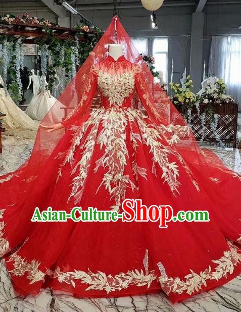 Chinese Customize Embroidered Red Trailing Wedding Dress Top Grade Court Bride Costume for Women