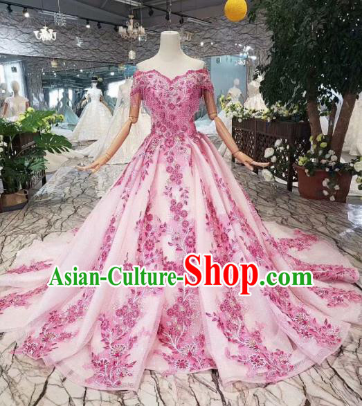 Customize Embroidered Rosy Lace Trailing Full Dress Top Grade Court Princess Waltz Dance Costume for Women